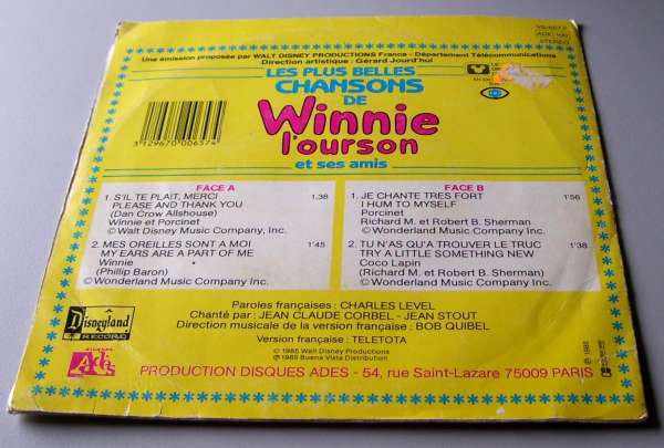45T - Winnie L'Ourson - Les plus belles chansons - 1985 - Disneyland
